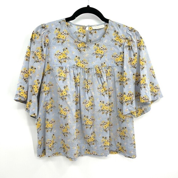 HAPPY X NATURE Light Blue Yellow Floral Boxy Lightweight 100% Cotton Shirt Small - Picture 1 of 8